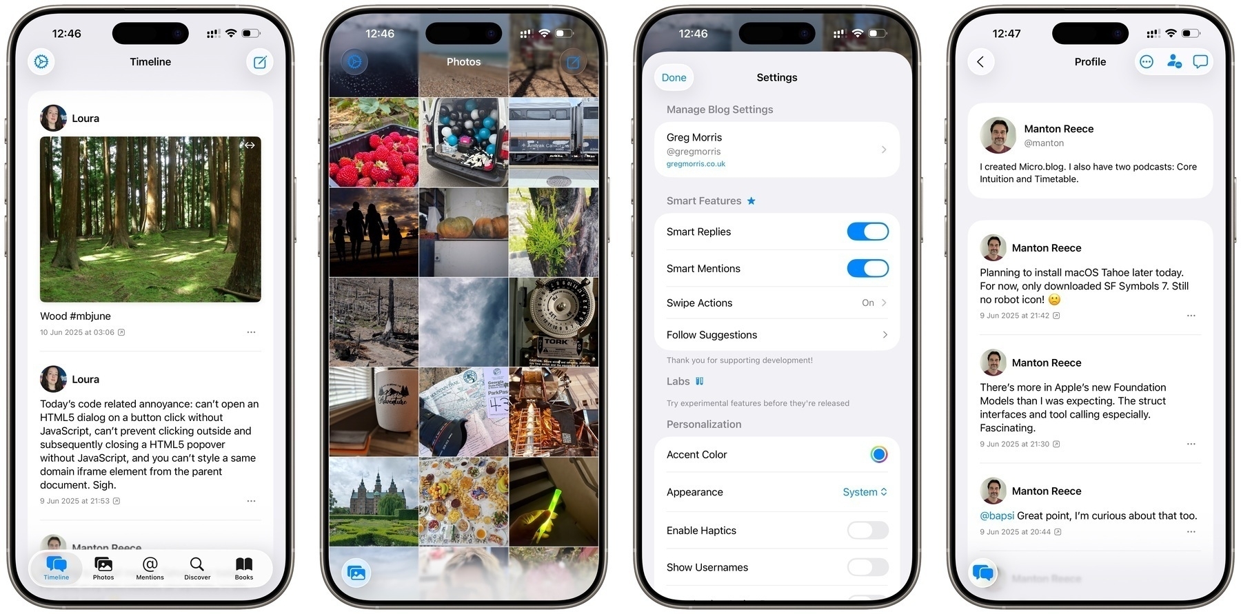 Four smartphone screens display different app interfaces, including a social media timeline, photo gallery, settings menu, and user profile